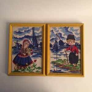 2 vintage needlepoint framed pics of children.